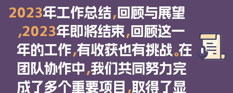 2023年工作总结，回顾与展望，2023年即将结束，回顾这一年的工作，有收获也有挑战。在团队协作中，我们共同努力完成了多个重要项目，取得了显著的成绩。同时，也在工作中遇到了一些困难和问题，通过不断学习和改进，我们逐渐克服了这些困难。展望2024年，我们将继续保持积极进取的态度，不断提升自己的能力和素质，为公司的发展做出更大的贡献。